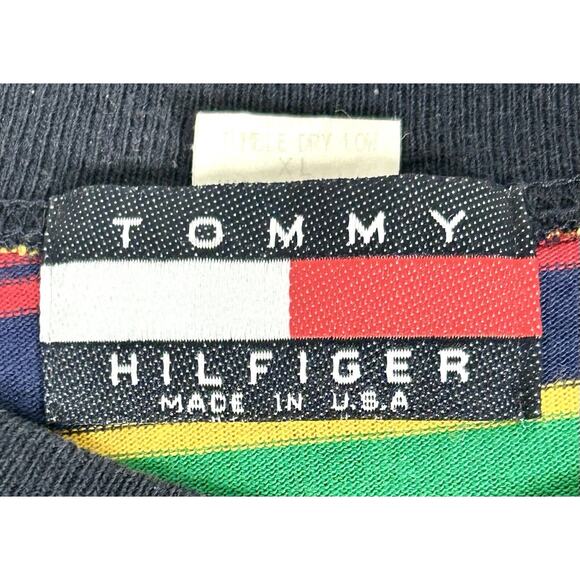 Vintage Tommy Hilfiger T-Shirt Striped Green Blue Red Y2K Tee Men's XL USA Made - Picture 5 of 9